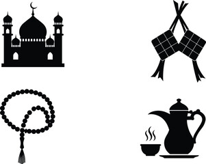 Islamic symbols vector illustration, mosque, prayer beads, ketupat, Arabic coffee pot, Eid celebration icons, Ramadan religious elements, black silhouette design