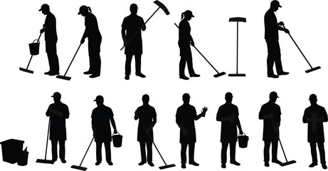  Janitor cleaning worker silhouettes with mop, bucket, and cleaning tools, professional maintenance staff vector illustration for hygiene, service, sanitation, and housekeeping concepts
