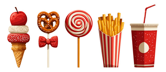 Colorful Dessert Collection with Ice Cream, Pretzel, Lollipop, Fries, and Drink