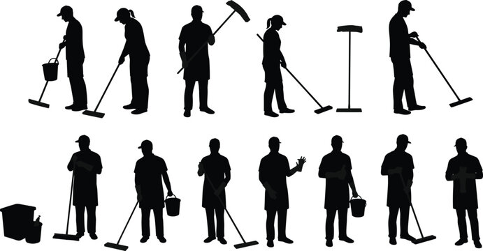  Janitor cleaning worker silhouettes with mop, bucket, and cleaning tools, professional maintenance staff vector illustration for hygiene, service, sanitation, and housekeeping concepts