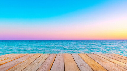 Soft blurred landscape with wooden deck looks peaceful under vivid, colorful sky. This serene scenery inspires feelings of tranquility and escape
