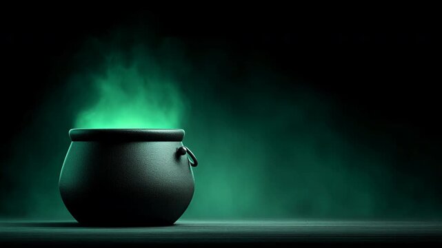 Black cauldron with glowing green smoke, mystic potion steam on wooden table at night creating spooky halloween witchcraft atmosphere