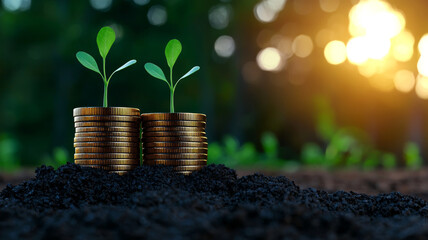 Coin stack with green sprout symbolizes financial growth and prosperity, inspiring optimism and hope for sustainable future