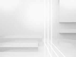 3D white geometric background with neon lights. White backdrop