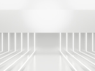 3D white geometric background with neon lights. White backdrop