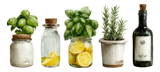Fresh Herbs and Ingredients in Glass Jars and Pots on Transparent Background
