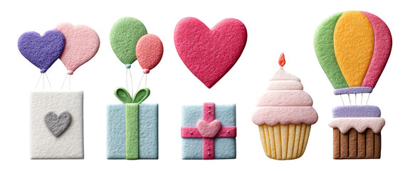 Colorful Celebration Elements with Balloons, Gifts, Hearts, and Cupcake Decorations