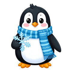 Cute penguin wearing a blue scarf holds a snowflake.