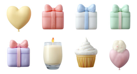 Colorful Gifts, Cupcake, Candle, and Heart Balloons on Transparent Background