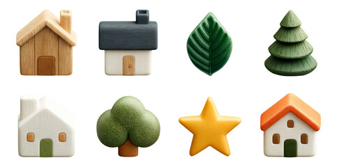 Colorful Wooden Icons of Houses, Trees, Leaves, and Stars on Transparent Background