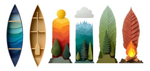 Colorful Artistic Representation of Nature with Canoe, Trees, and Fire Elements