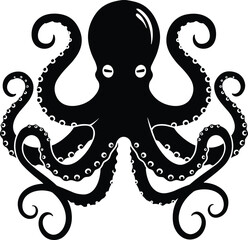  Octopus silhouette vector, marine sea creature illustration, underwater animal design, black and white tentacles artwork, ocean wildlife symbol for nautical and aquatic themes