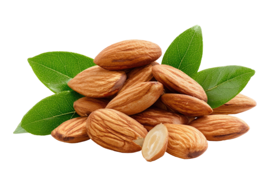 Delicious pile of whole and shelled almonds with fresh green leaves