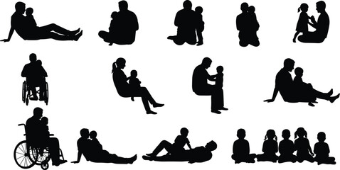 Parental and child silhouette set, family bonding and care, sitting poses illustration, black figure graphic, nurturing interaction for stock content use