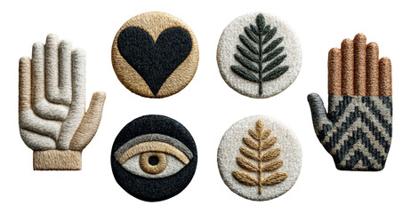 Embroidered Patches Featuring Nature and Symbolic Designs on Isolated Background
