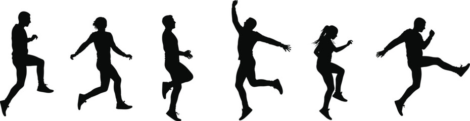  Running and jumping silhouettes, athletic motion vector, black isolated illustration, dynamic sports pose, exercise movement, sprinting action, human activity, fitness concept