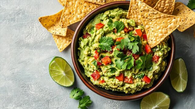 Delicious guacamole with tortilla chips and lime on a gray textured surface.