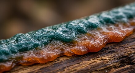 Macro shot of teal and orange textured substance on wood The substance appears viscous and irregular