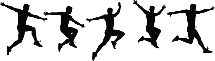  Silhouette illustration of a man jumping with dynamic motion poses, representing energy, strength, athletic performance, freedom, and active lifestyle concept for fitness design