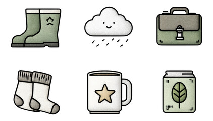 Colorful Icons of Rain Accessories and Leaf Elements in Flat Style Design