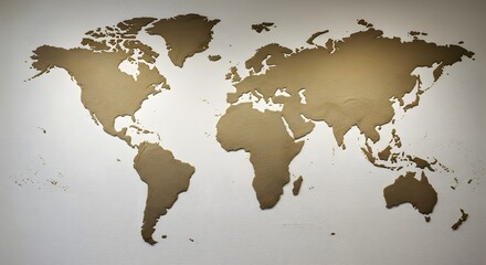 A textured, stylized relief map of the world, rendered in earthy tones, against a stark white background