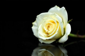 A single, dew kissed white rose resting on a dark, reflective surface. Extreme close up of a single white rose with delicate dew droplets on its petals, resting on a dark, highly reflective surface.