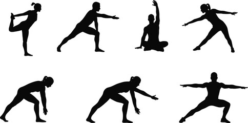  Silhouette illustration of people doing yoga and stretching exercises, representing physical fitness, healthy lifestyle, body balance, flexibility, meditation, and wellness workout concept