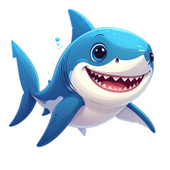 A smiling cartoon shark swims with a happy expression.