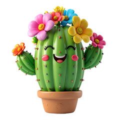 Cheerful cactus wearing a crown of colorful flowers smiles happily.