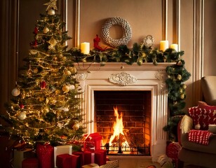 Festive Christmas and New Year 2026 celebration with family, cozy fireplace, Santa decorations, winter fashion, Christmas trees, gifts, and joyful holiday atmosphere