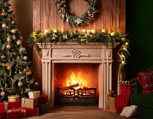 Festive Christmas and New Year 2026 celebration with family, cozy fireplace, Santa decorations, winter fashion, Christmas trees, gifts, and joyful holiday atmosphere