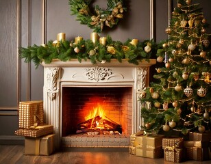 Festive Christmas and New Year 2026 celebration with family, cozy fireplace, Santa decorations, winter fashion, Christmas trees, gifts, and joyful holiday atmosphere