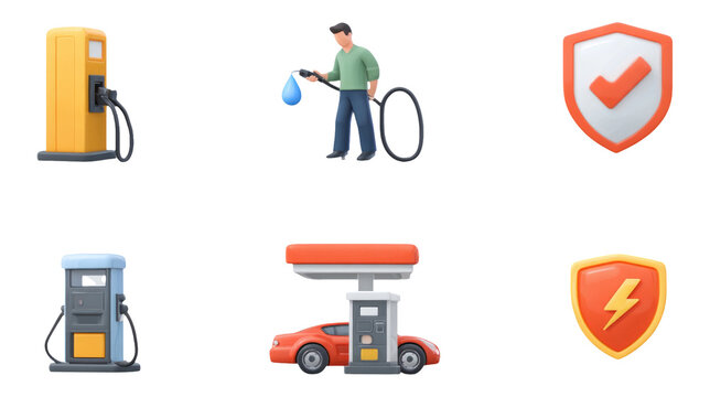 Gas Station Elements with Fuel Pump, Worker, and Safety Icons on Transparent Background