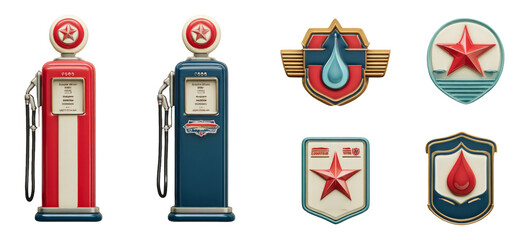 Vintage Gas Pump and Emblem Set with Retro Style and Colorful Design Elements