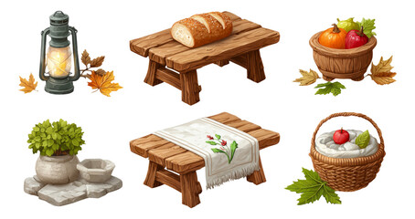 Rustic Kitchen Elements with Bread, Lantern, and Vegetables on Transparent Background