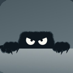 Dark fluffy monster with glowing eyes and sharp claws peeking over a dark edge, creepy cute cartoon illustration.