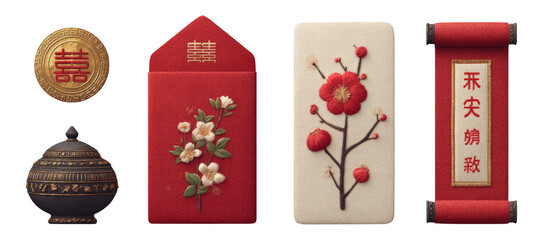 Decorative Chinese Elements with Floral Motifs on Isolated Transparent Background