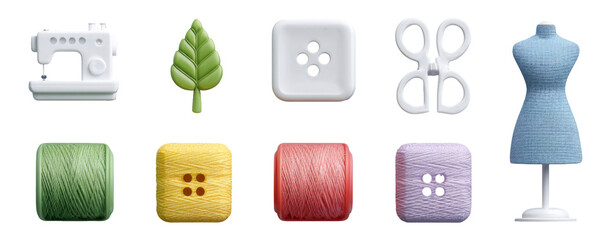 Crafting Essentials with Sewing Machine, Buttons, Threads, Scissors, and Mannequin