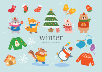 冬の動物たちのかわいいイラスト素材