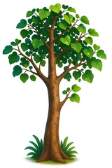 Cartoon Tree with Heart-Shaped Green Leaves and Brown Trunk on Grass Base