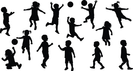  Silhouette of children playing and jumping with balls, active kids outdoor motion vector, playful childhood activity illustration, energetic fun design concept