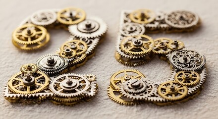 Number twentyfive constructed from intricate clockwork gears arranged on textured surface, symbolizing time and precision in a vintage style.