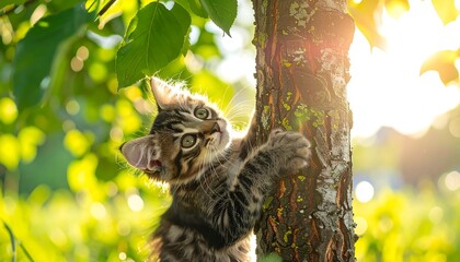 A curious kitten clings to a tree trunk in warm sunlight