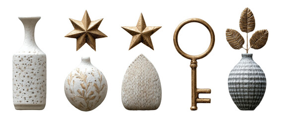 Decorative Objects in Neutral Tones with Unique Shapes and Textures Isolated on Transparent Background
