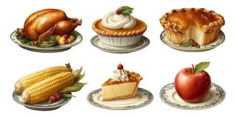 Detailed Artwork of Thanksgiving Feast with Turkey, Pie, Corn, and Apple on Plates