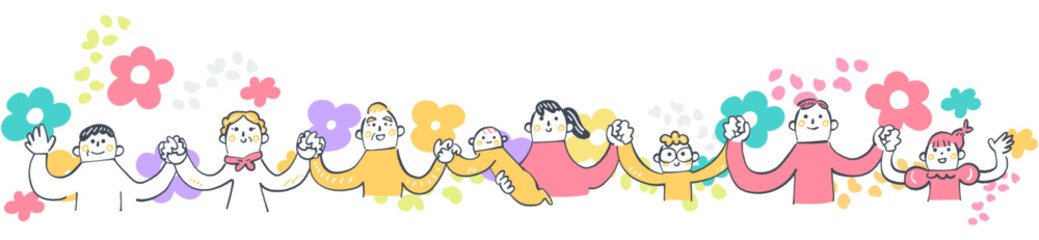 手つなぎ一列に並ぶ多様な人々　人と人のつながり・協力のイメージ	
