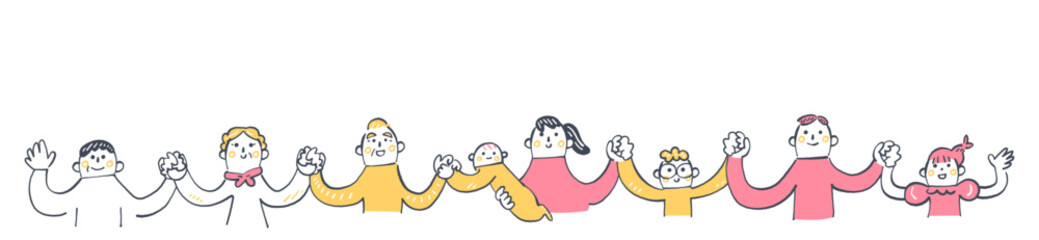 手つなぎ一列に並ぶ多様な人々　人と人のつながり・協力のイメージ	

