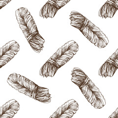 Hand drawn vintage seamless pattern of smoked braided cheese in monochrome style, detailed dairy food background illustration