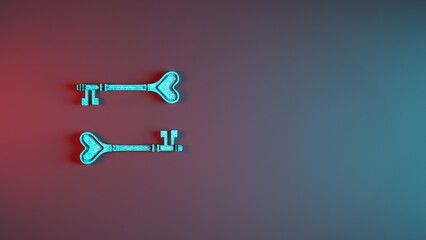 Two heart shaped metal keys on gradient background with copy space