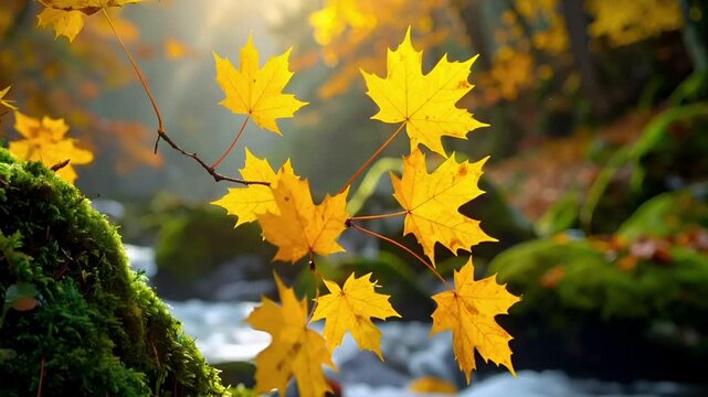風に揺れる黄色いモミジの葉　苔むした岩とぼかした森を背景に